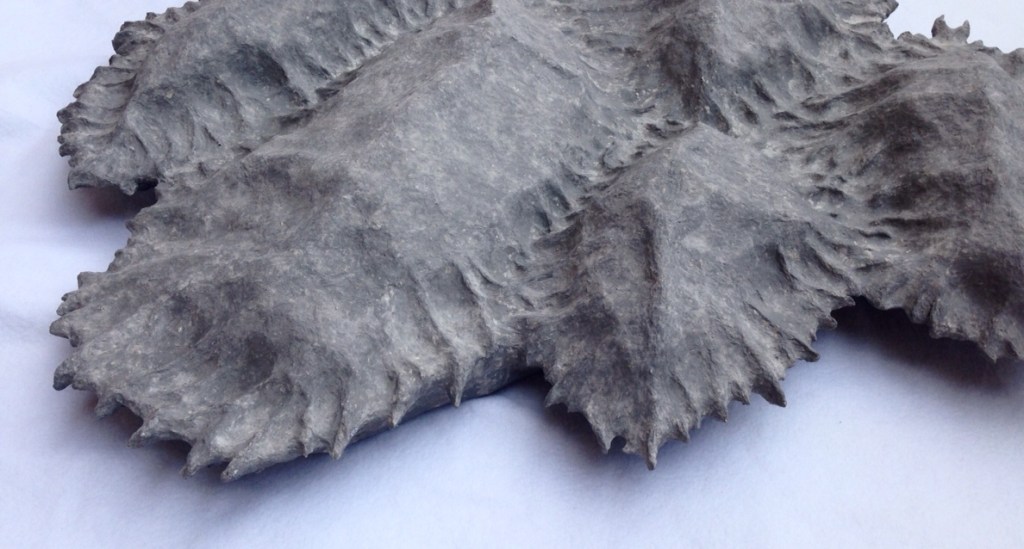 Detail of an original paper mache sculpture by MJ Seal that resembles a cross between gray, eroded winter mountains and a group of trilobites