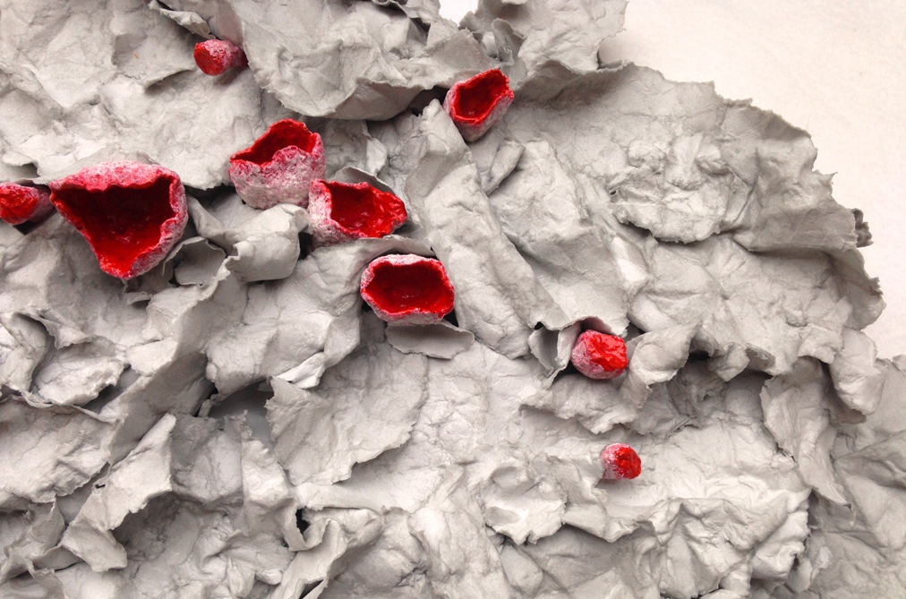 A paper mache sculpture by MJ Seal that resembles a cluster of Scarlet Cup Fungus emerging from a pile of dried, gray leaves
