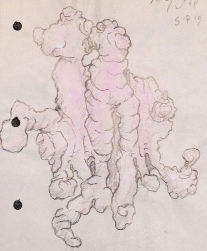 full view of a biomorphic pencil drawing by MJ Seal over an abstract watercolor painting