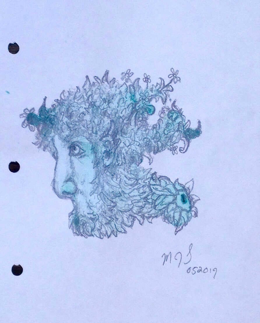 full view of a biomorphic pencil drawing by MJ Seal over an abstract watercolor painting