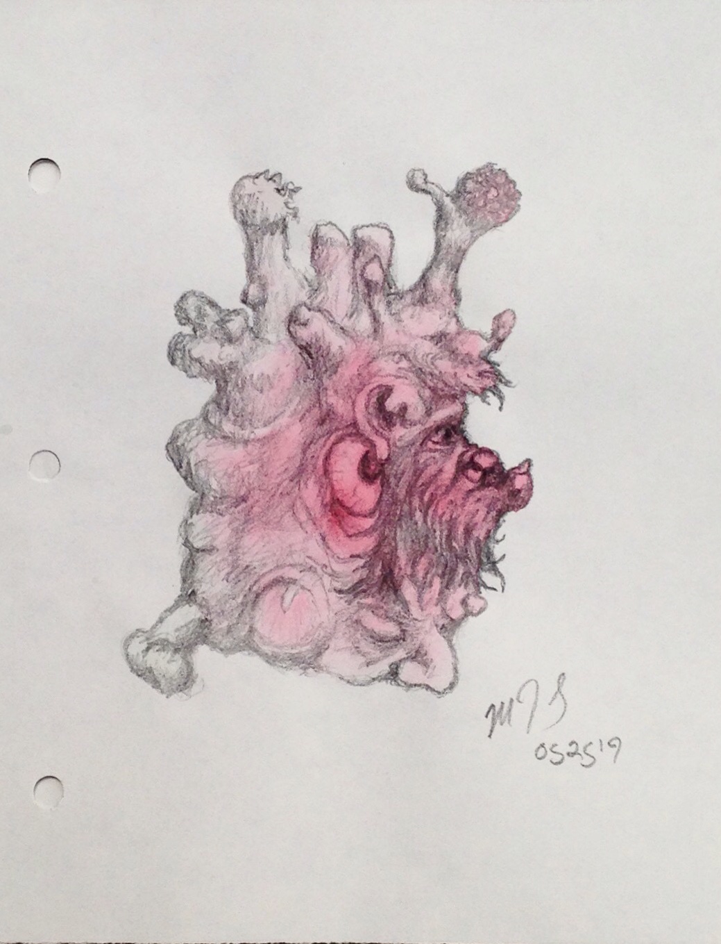 full view of a biomorphic pencil drawing by MJ Seal over an abstract watercolor painting