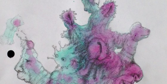 Detail of a biomorphic pencil drawing by MJ Seal over an abstract watercolor painting