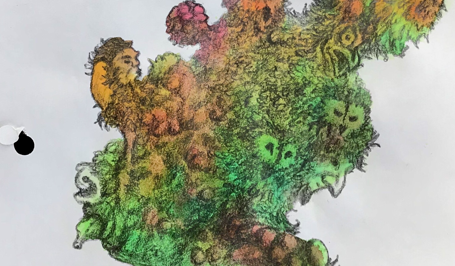 Detail of a biomorphic pencil drawing by MJ Seal over an abstract watercolor painting