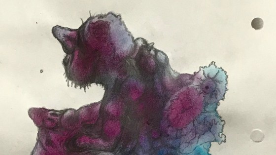 Detail of a biomorphic pencil drawing by MJ Seal over an abstract watercolor painting