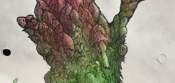 Detail of a biomorphic pencil drawing by MJ Seal over an abstract watercolor painting