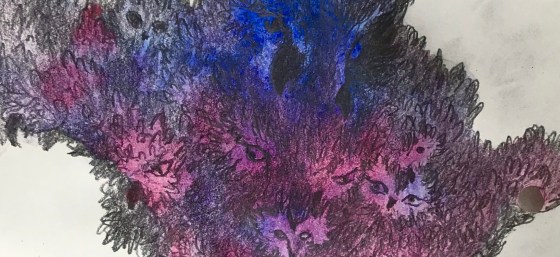 Detail of a biomorphic pencil drawing by MJ Seal over an abstract watercolor painting