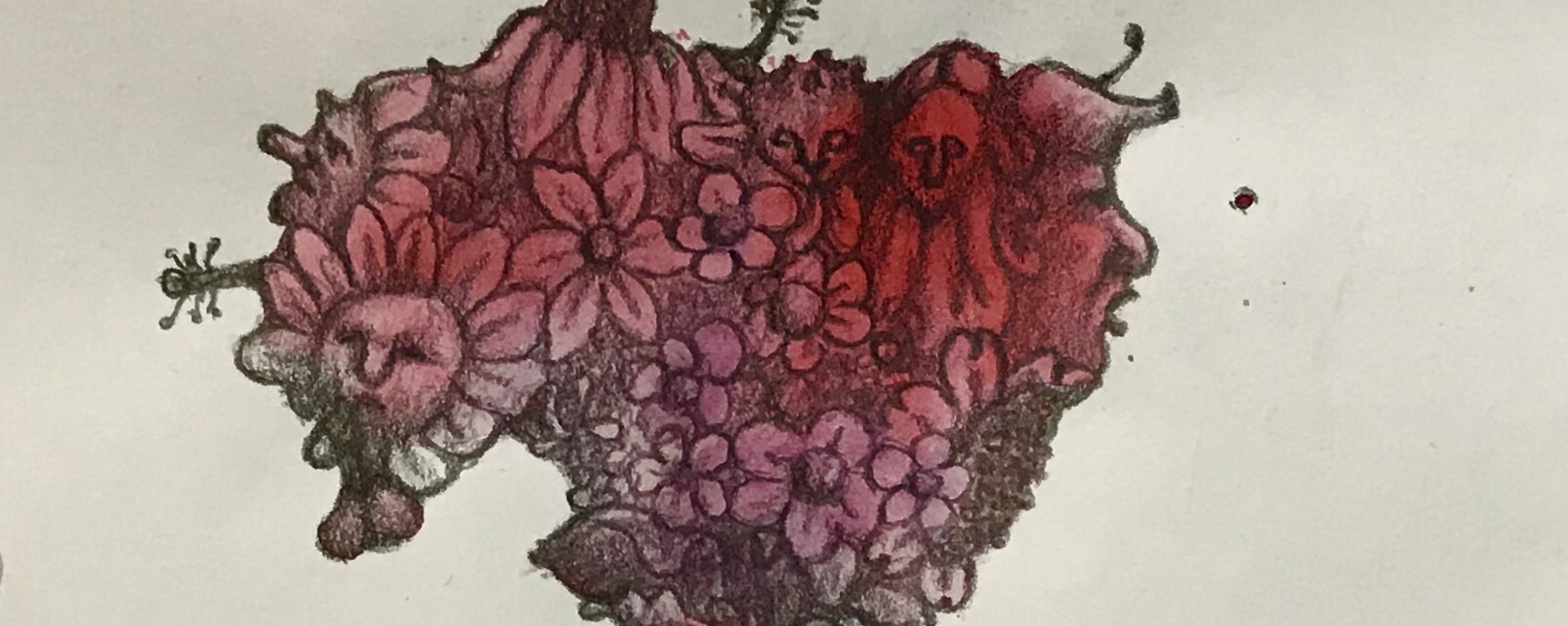 Detail of a biomorphic pencil drawing by MJ Seal over an abstract watercolor painting