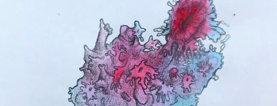 Detail of a biomorphic pencil drawing by MJ Seal over an abstract watercolor painting