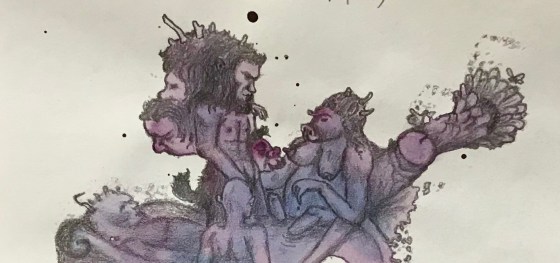 Detail of a biomorphic pencil drawing by MJ Seal over an abstract watercolor painting