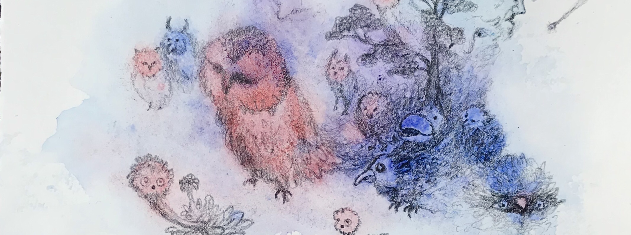 Detail of a biomorphic pencil drawing by MJ Seal over an abstract watercolor painting
