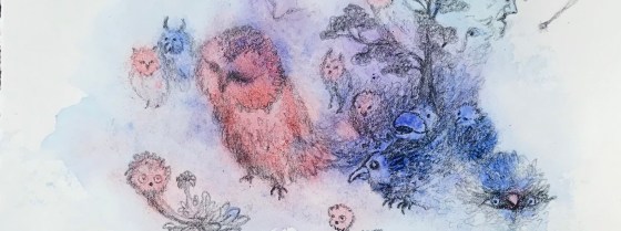 Detail of a biomorphic pencil drawing by MJ Seal over an abstract watercolor painting