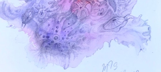 Detail of a biomorphic pencil drawing by MJ Seal over an abstract watercolor painting