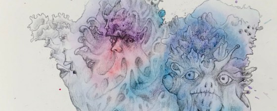 Detail of a biomorphic pencil drawing by MJ Seal over an abstract watercolor painting