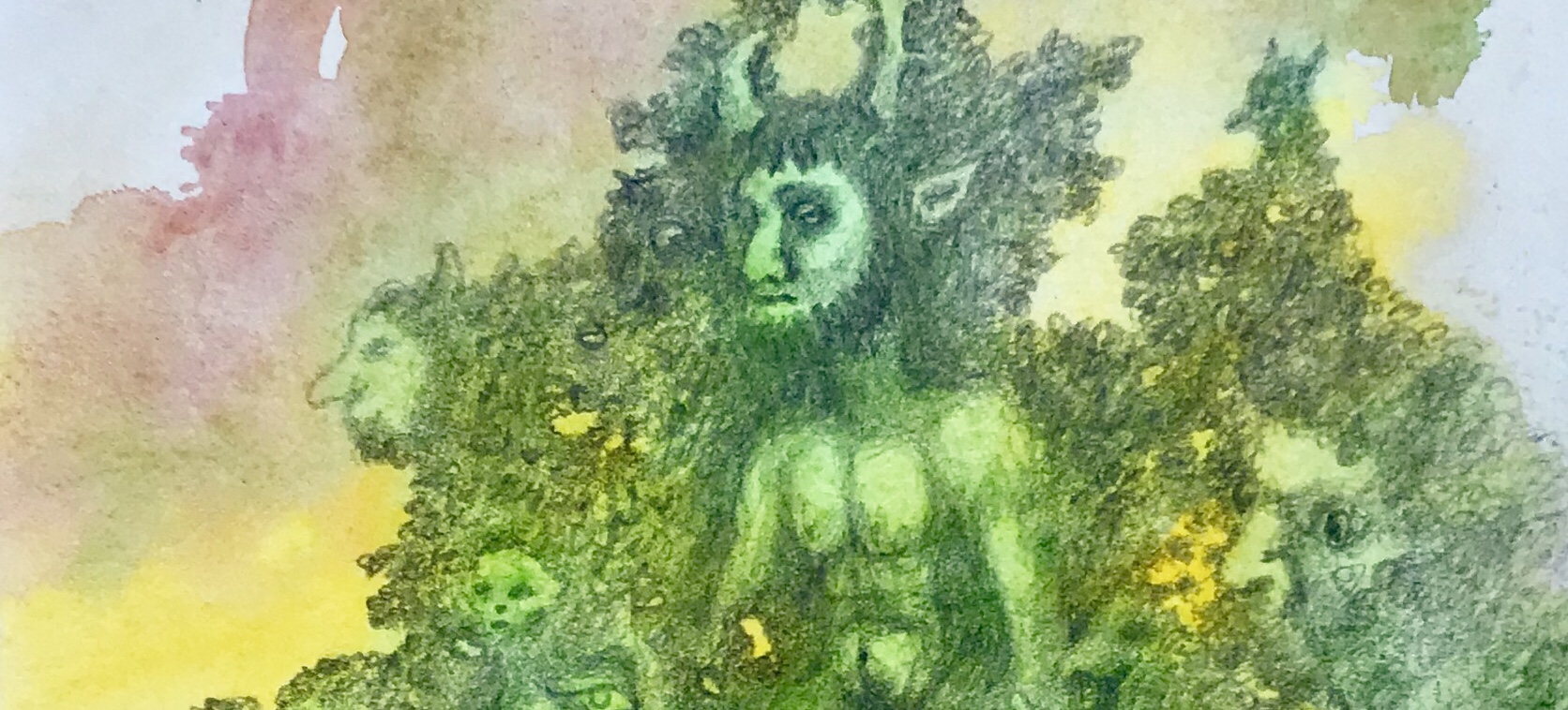 Detail of a biomorphic pencil drawing by MJ Seal over an abstract watercolor painting