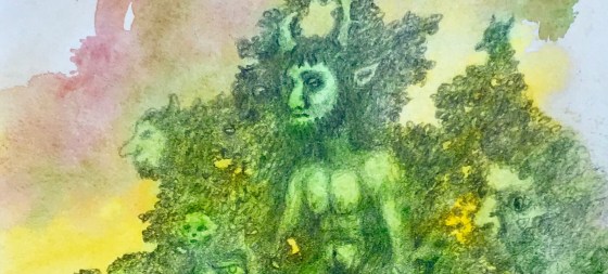 Detail of a biomorphic pencil drawing by MJ Seal over an abstract watercolor painting