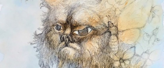 Detail of a biomorphic pencil drawing by MJ Seal over an abstract watercolor painting