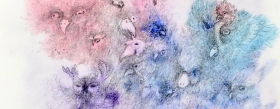 Detail of a biomorphic pencil drawing by MJ Seal over an abstract watercolor painting