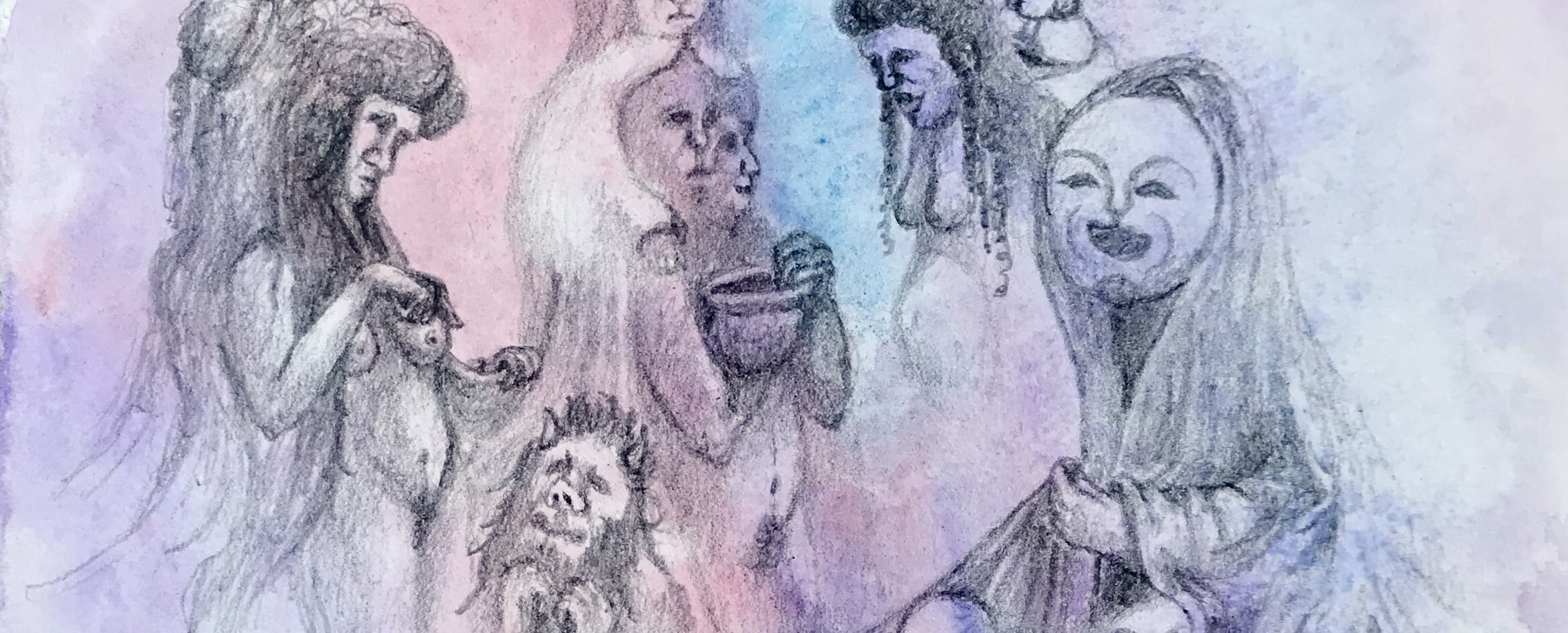 Detail of a biomorphic pencil drawing by MJ Seal over an abstract watercolor painting