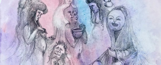 Detail of a biomorphic pencil drawing by MJ Seal over an abstract watercolor painting