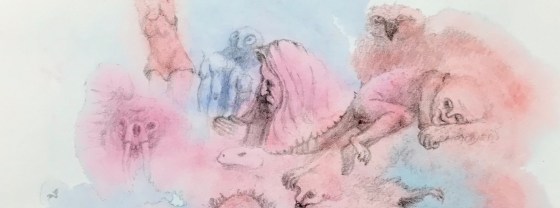 Detail of a biomorphic pencil drawing by MJ Seal over an abstract watercolor painting