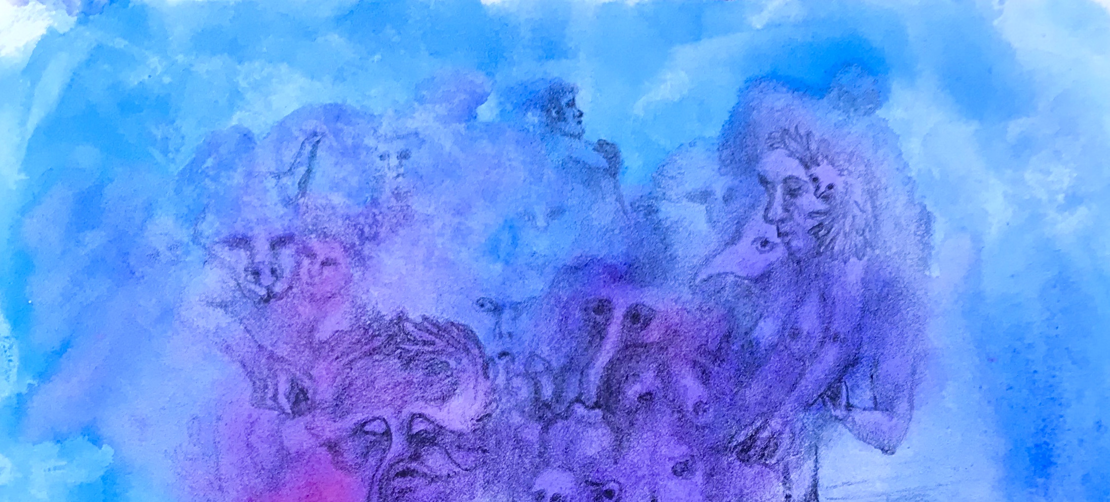 Detail of a biomorphic pencil drawing by MJ Seal over an abstract watercolor painting