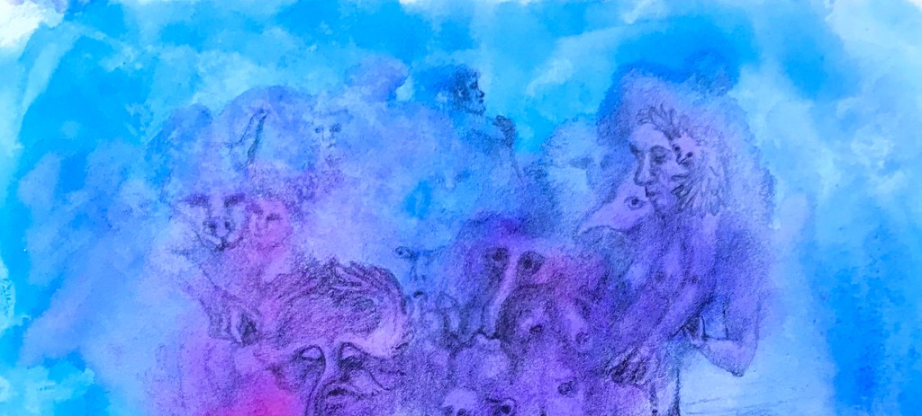 Detail of a biomorphic pencil drawing by MJ Seal over an abstract watercolor painting