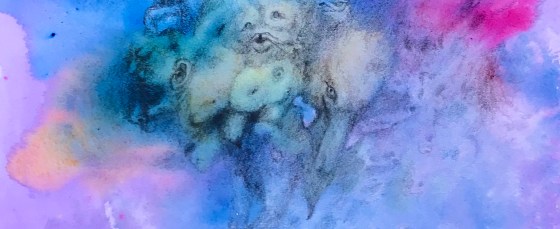 Detail of a biomorphic pencil drawing by MJ Seal over an abstract watercolor painting