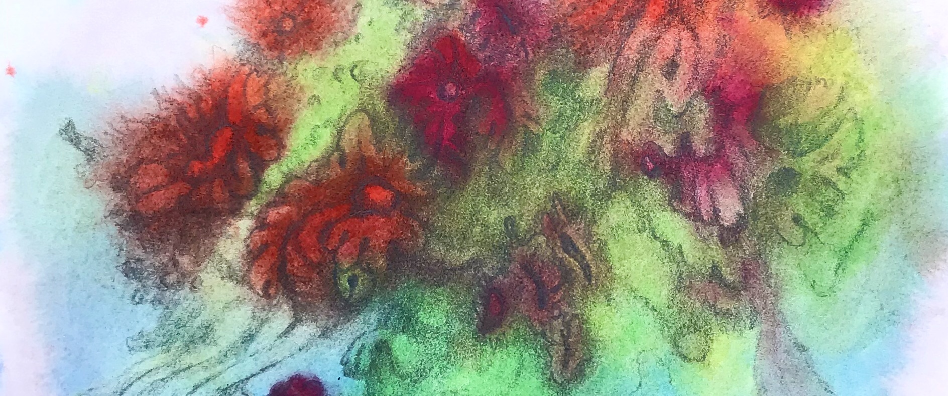 Detail of a biomorphic pencil drawing by MJ Seal over an abstract watercolor painting