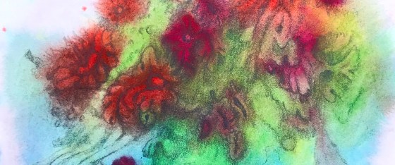 Detail of a biomorphic pencil drawing by MJ Seal over an abstract watercolor painting