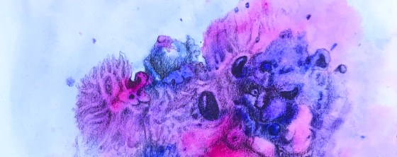 Detail of a biomorphic pencil drawing by MJ Seal over an abstract watercolor painting