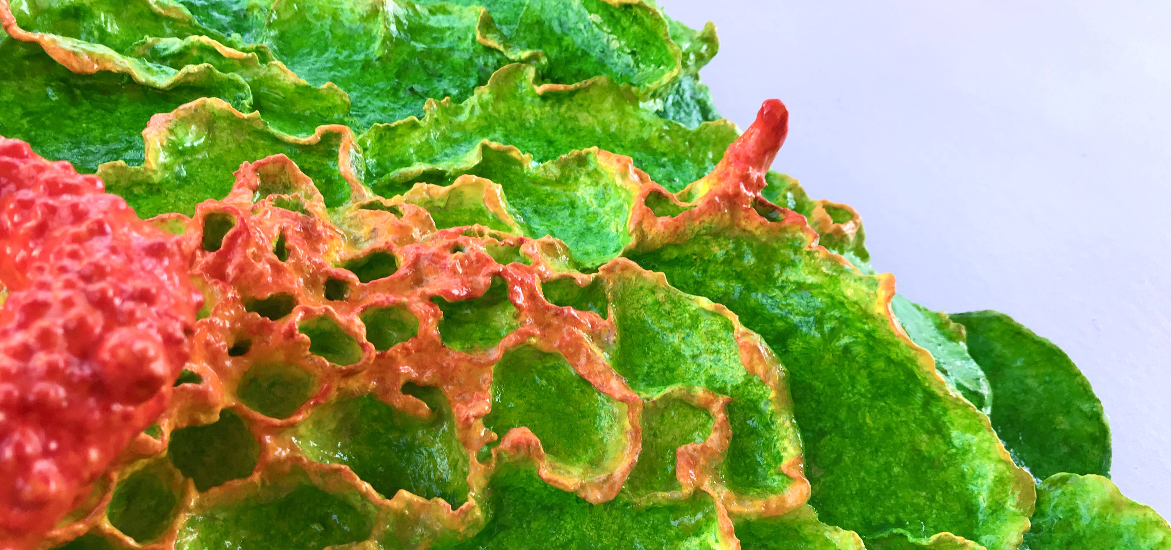 Detail of an abstract paper mache sculpture by MJ Seal that resembles a psychedelic lichen or flower with hues of viridian, chartreuse and coral red