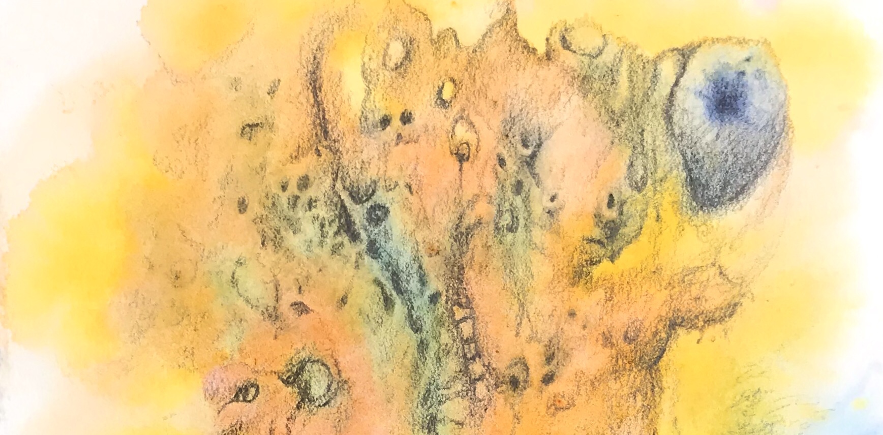 Detail of a biomorphic pencil drawing by MJ Seal over an abstract watercolor painting