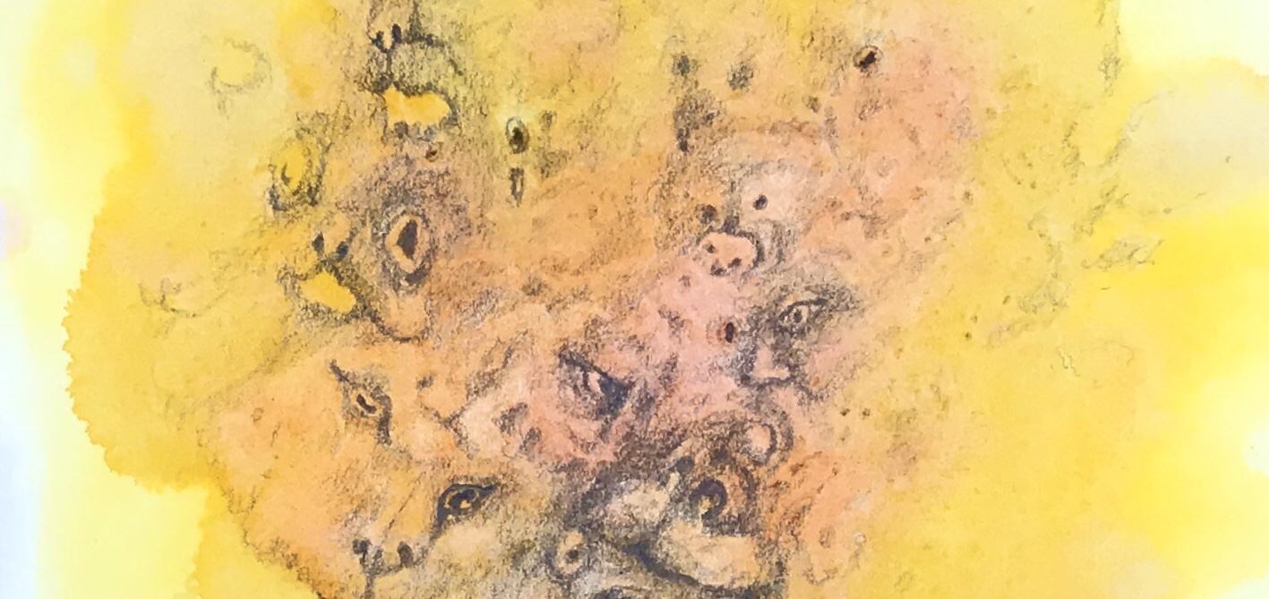 Detail of a phantasmagorical drawing over a watercolor painting