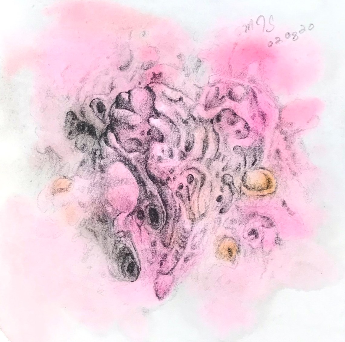 A peculiar spongiform cavern in pink, gray and golden hues.