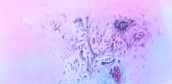 Close up shot of a graphite drawing in a watercolor painting by MJ Seal