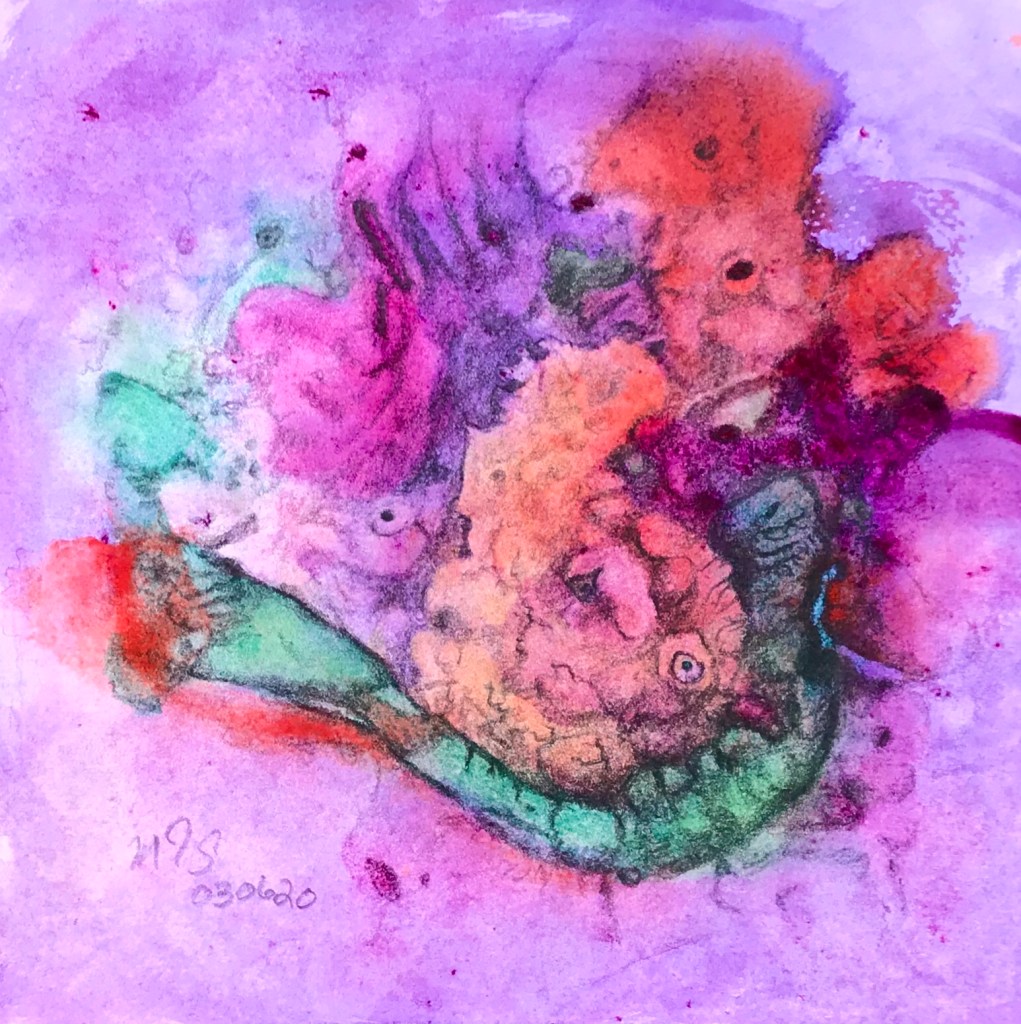 full view of a biomorphic pencil drawing by MJ Seal over an abstract watercolor painting