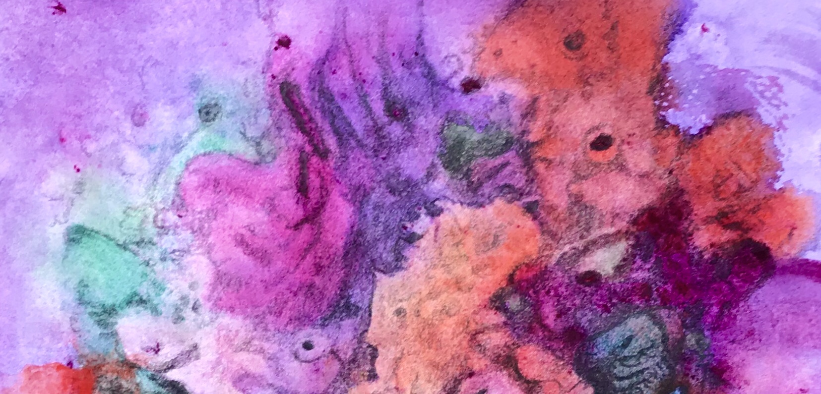 Detail of a biomorphic pencil drawing by MJ Seal over an abstract watercolor painting