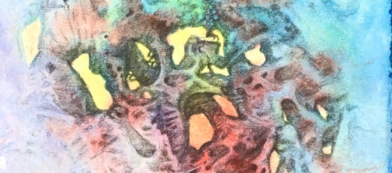 Detail of an abstract drawing over a watercolor painting by MJ Seal that appears to be the view from inside a peculiar colorful cavern