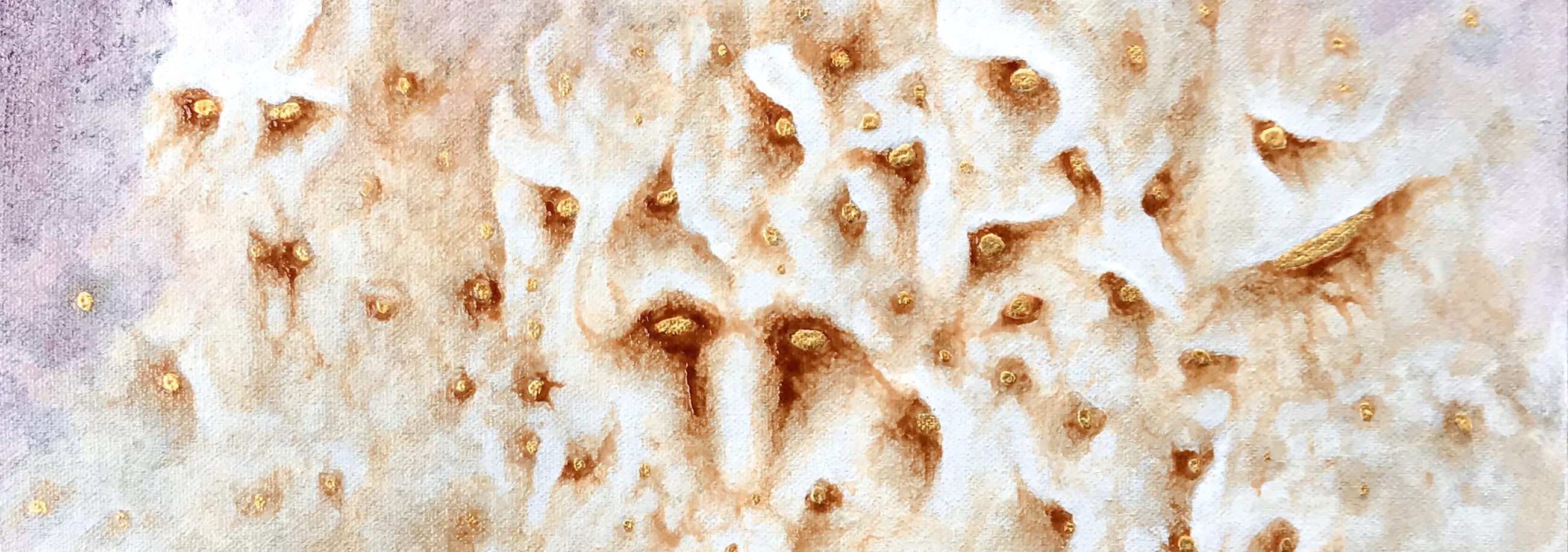 detail of an abstract painting by MJ Seal that looks vaguely like a creamy white rock formation and a phantasmagorical flock of menacing owls with glinting eyes of gold