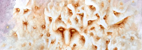 detail of an abstract painting by MJ Seal that looks vaguely like a creamy white rock formation and a phantasmagorical flock of menacing owls with glinting eyes of gold