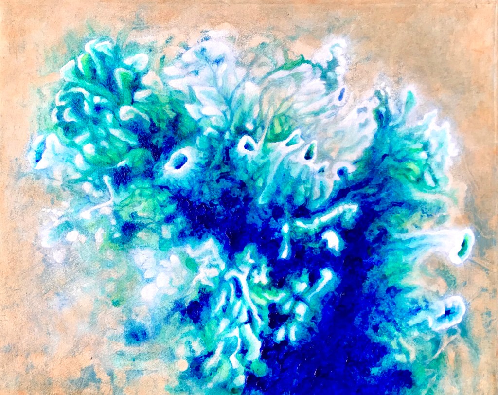 Full view of an abstract acrylic painting by MJ Seal that looks like a cross between an aerial view of an azure desert sea and a colony of sea anemones