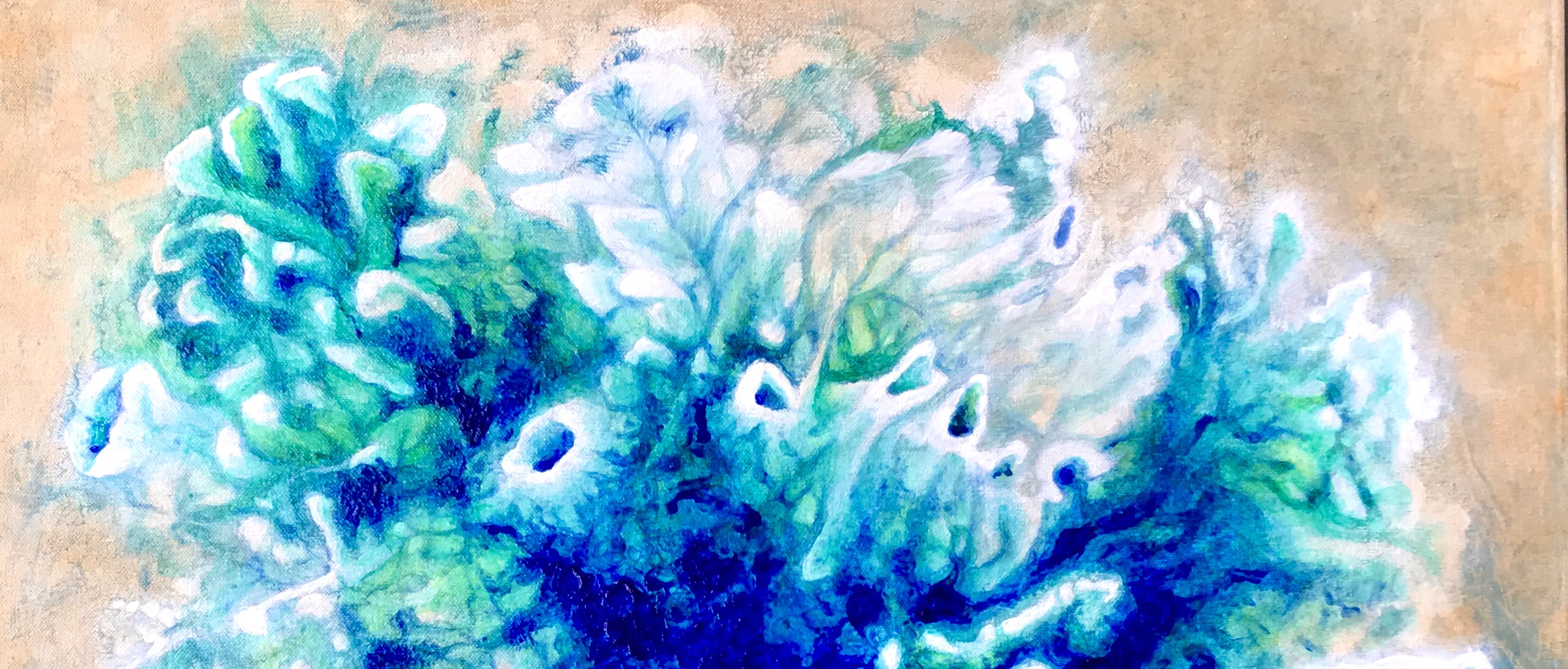 Detail of an abstract acrylic painting by MJ Seal that looks like a cross between an aerial view of an azure desert sea and a colony of sea anemones