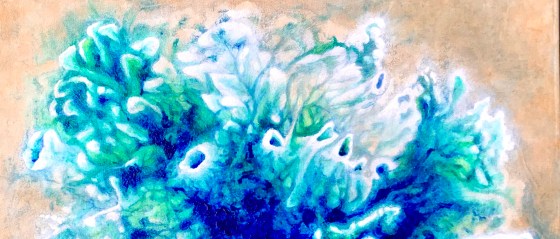 Detail of an abstract acrylic painting by MJ Seal that looks like a cross between an aerial view of an azure desert sea and a colony of sea anemones