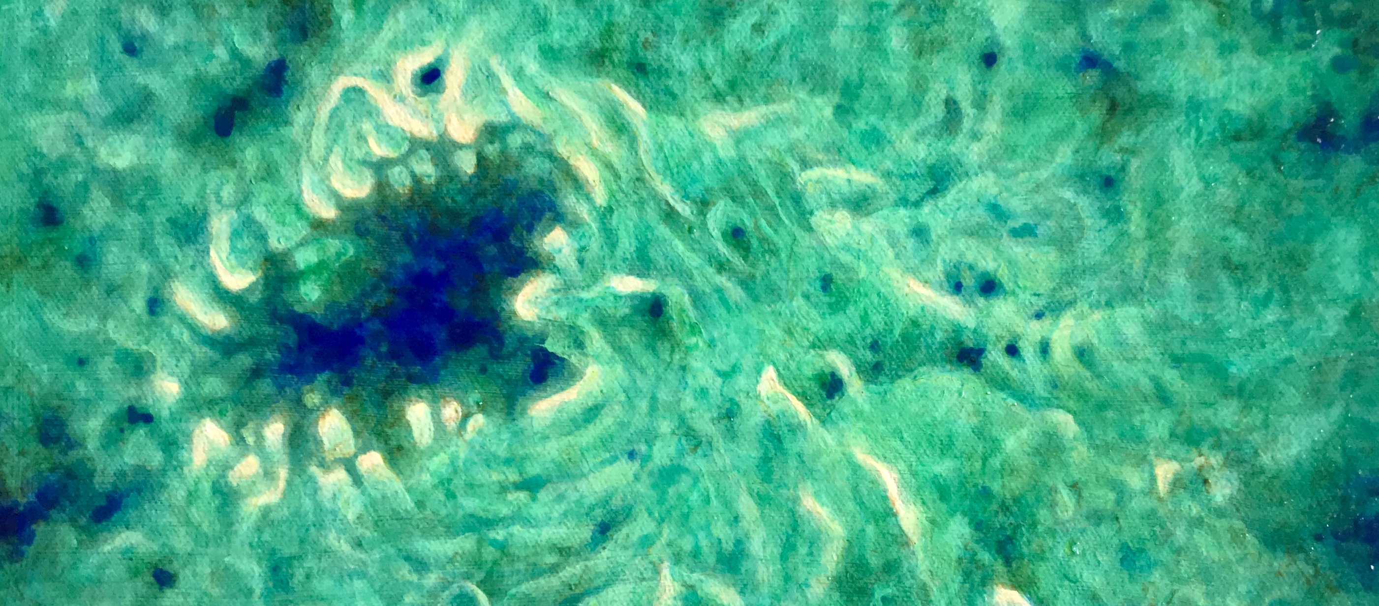 detail of an abstract painting by MJ Seal that resembles an aerial view of a shallow aquamarine sea riddled with ultramarine blue sinkholes shaped curiously like mouths