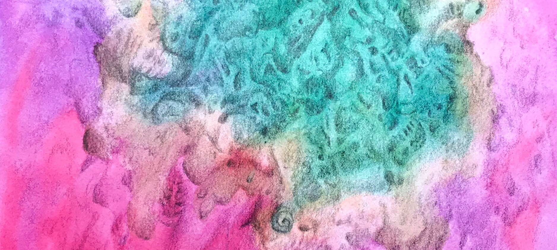 Detail of a free association drawing over an abstract watercolor painting by MJ Seal