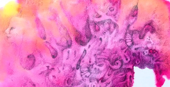 Detail of a free association drawing over an abstract watercolor painting by MJ Seal