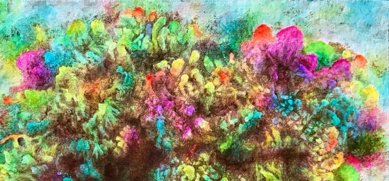 Detail of an abstract painting by MJ Seal that looks like some peculiar, rainbow-hued cluster of fungus