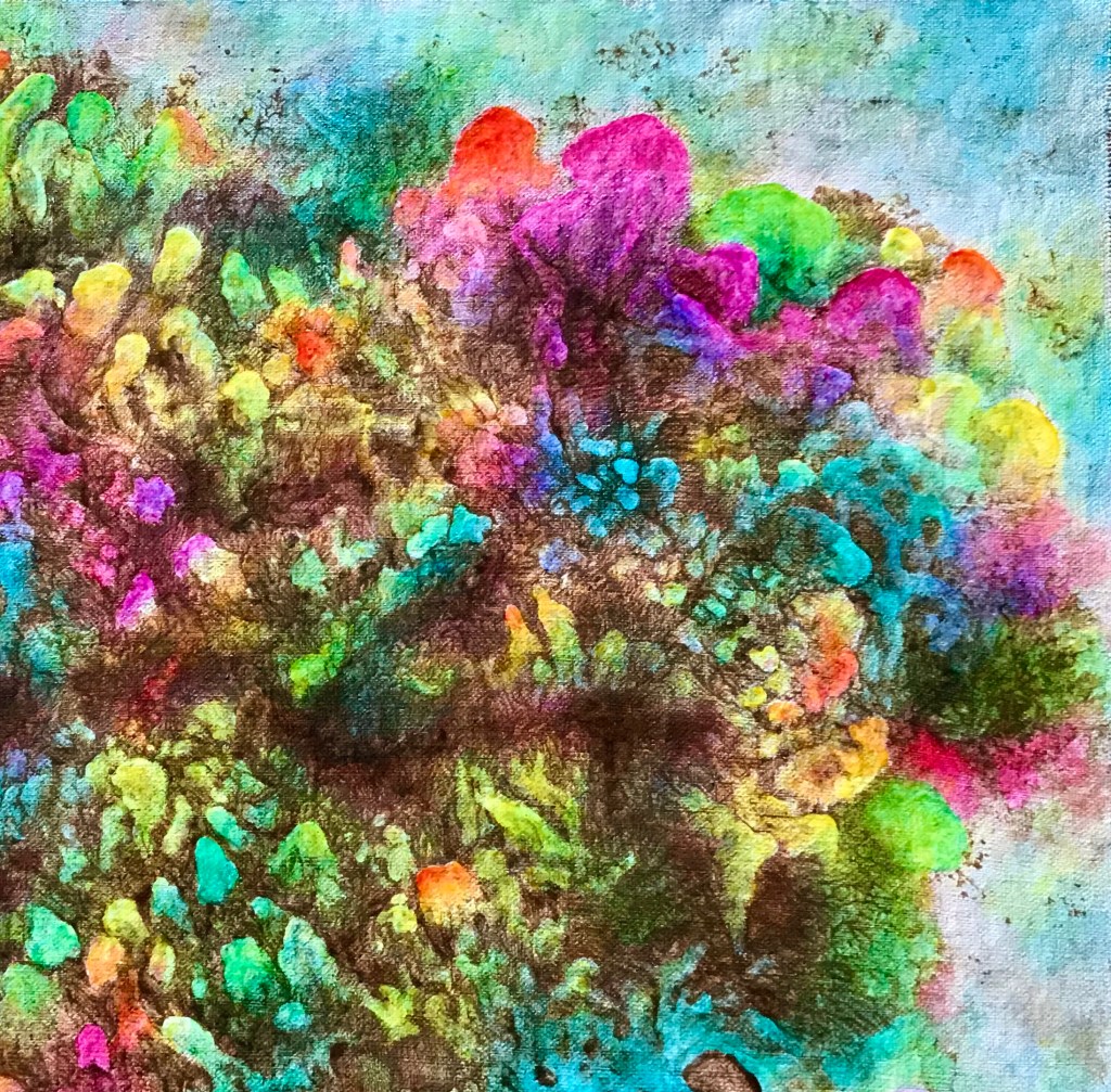 Detail of an abstract painting by MJ Seal that looks like some peculiar, rainbow-hued cluster of fungus