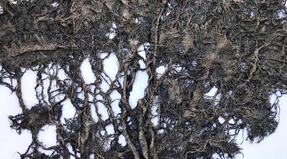 Detail of an abstract fabric sculpture by MJ Seal that resembles a giant, dark gray sea fan