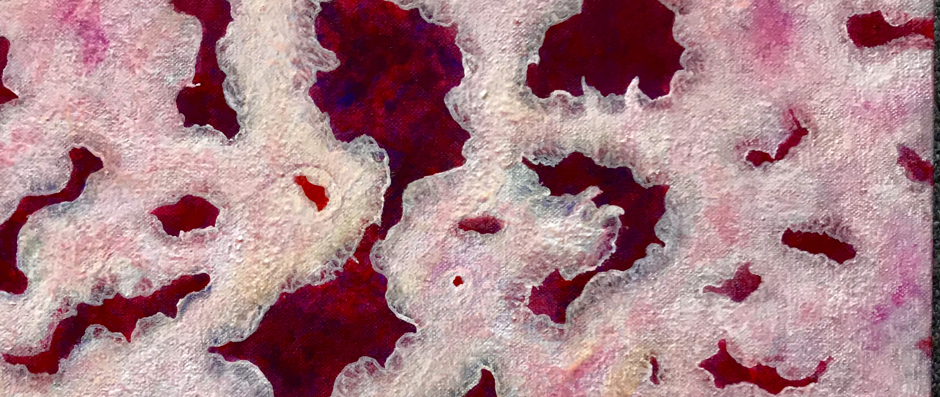 Detail of a painting by MJ Seal that looks like a group of lacey pink coral polyps with strawberry jam colored insides